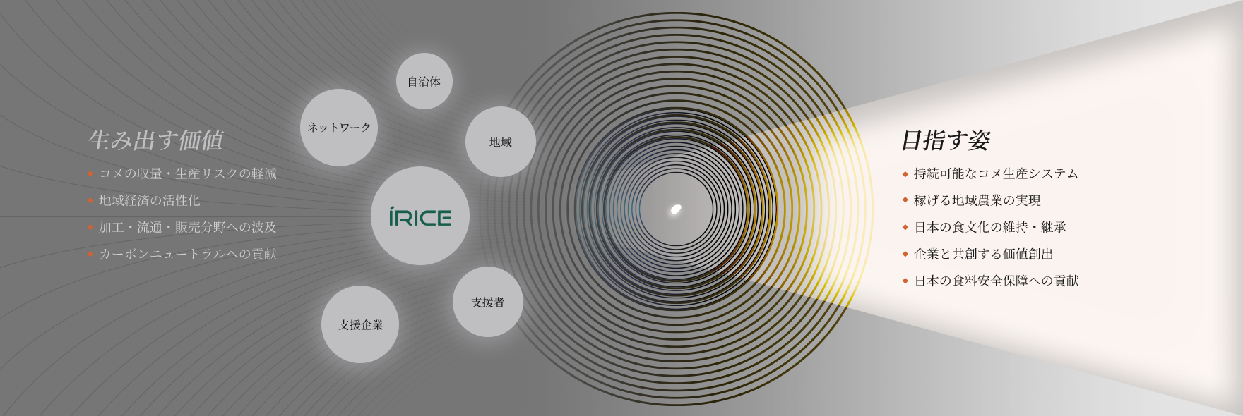 生み出す価値：コメの収量・生産リスクの軽減 / 地域経済の活性化 / 加工・流通・販売分野への波及 / カーボンニュートラルへの貢献